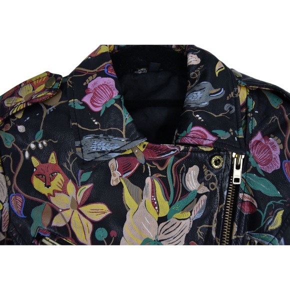 Hand-Painted Leather Jacket Topshop, Black with Gold Zippers, Size S 2 4 - Picture 3 of 5